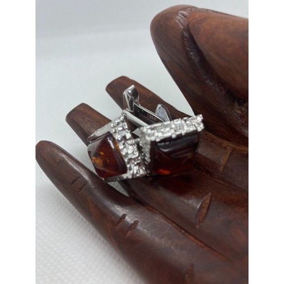 Stunning 835 European Silver and Amber Square Textured Cufflinks - Picture 3 of 5